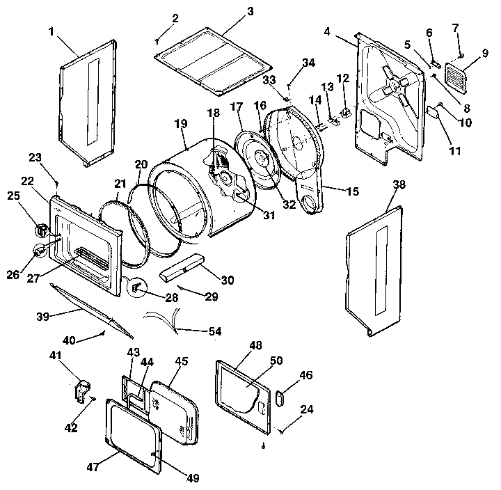 Dryer, cabinet, drum, heater