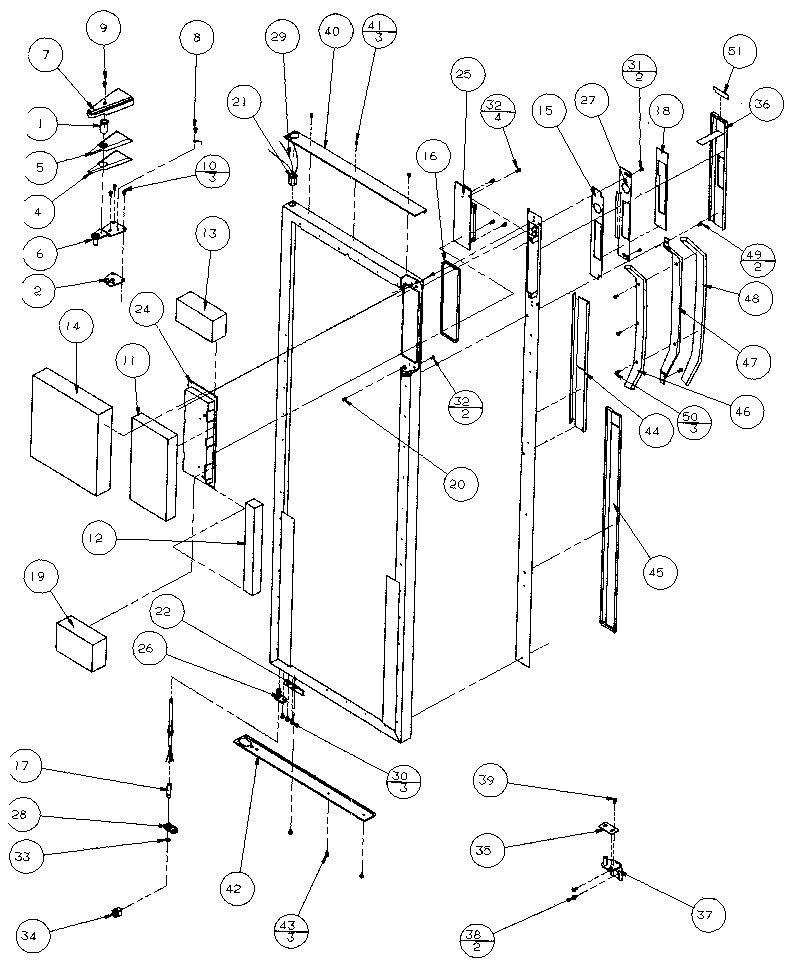 Refrigerator door, hinge, and trim