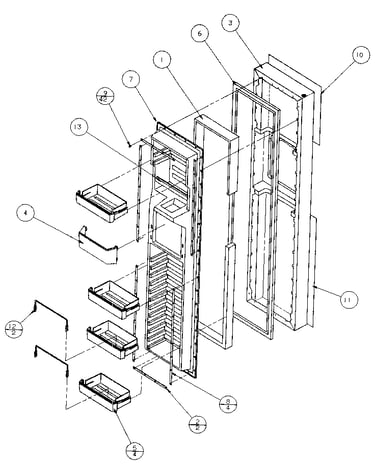 Freezer door, hinge, and trim