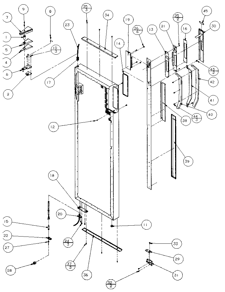 REFRIGERATOR DOOR, HINGE, AND TRIM