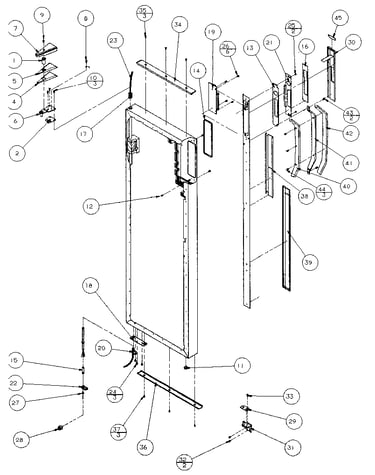 Refrigerator door, hinge, and trim