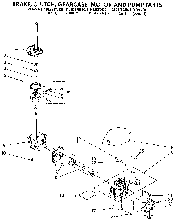 Brake, clutch, gearcase, motor and pump