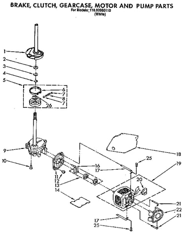 Brake, clutch, gearcase, motor and pump