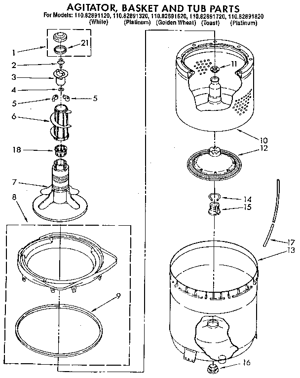 Agitator, basket and tub