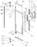 Refrigerator door, hinge, and trim