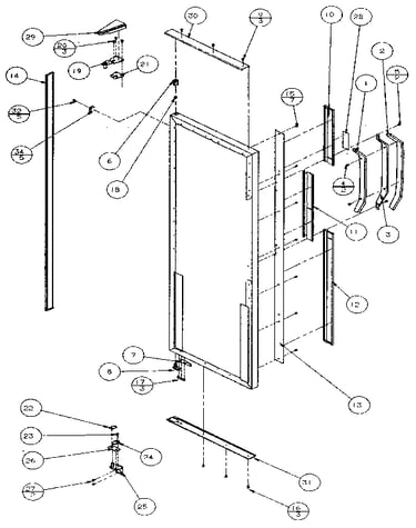 Refrigerator door, hinge, and trim