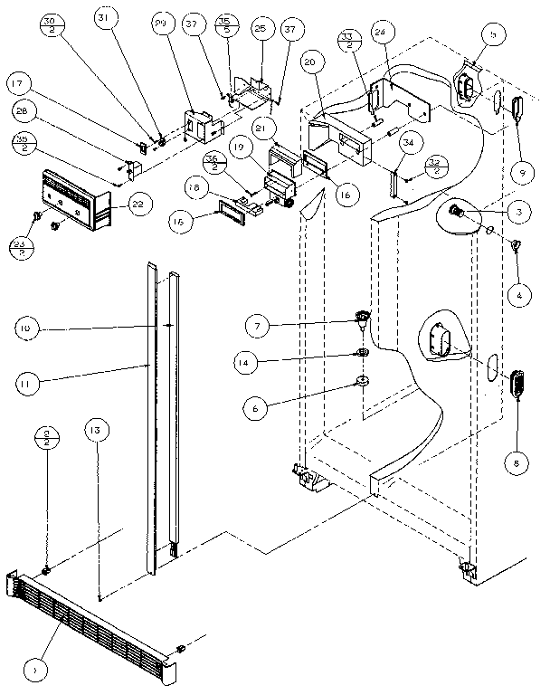 Refrigerator/freezer controls and cabinet
