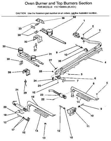 Oven burner and top burners section