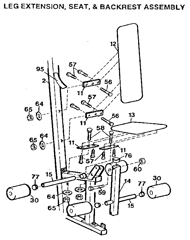 Leg extension, seat, & backrest assembly