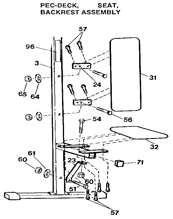 Pec-deck, seat, backrest assembly