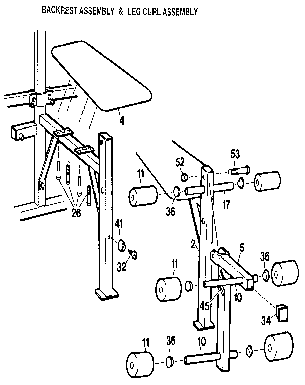 Backrest assembly & leg curl assembly