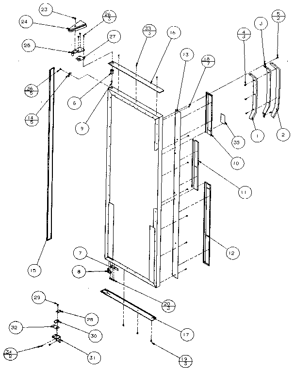 Refrigerator door, hinge, & trim