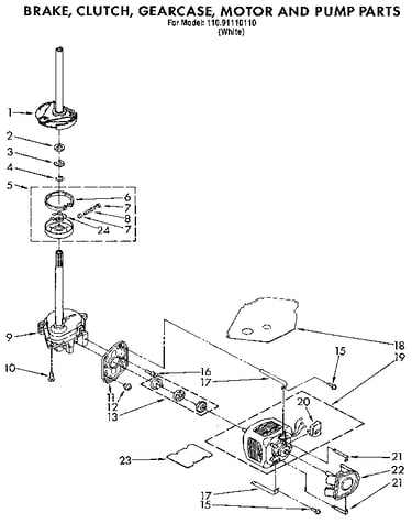 Brake, clutch, gearcase, motor and pump