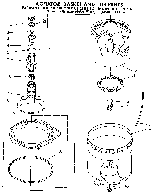 AGITATOR, BASKET AND TUB