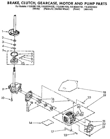 Brake, clutch, gearcase, motor and pump