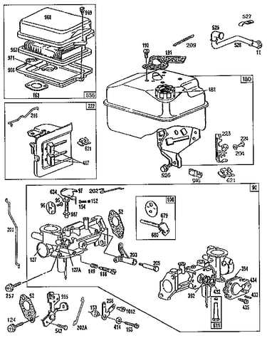 Air cleaner, fuel tank, and carburetor assembly