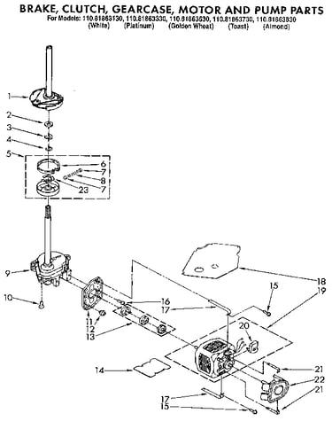 Brake, clutch, gearcase, motor and pump