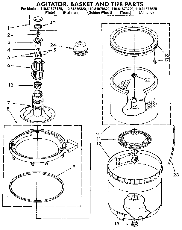 Agitator, basket and tub
