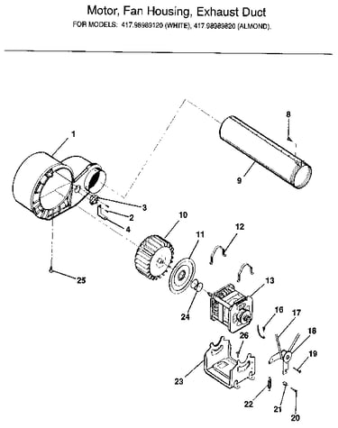 Motor, fan housing, exhaust duct