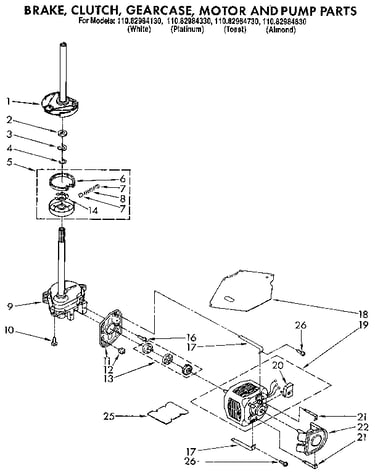 Brake, clutch, gearcase, motor and pump
