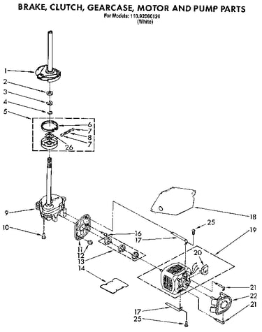 Brake, clutch, gearcase, motor and pump