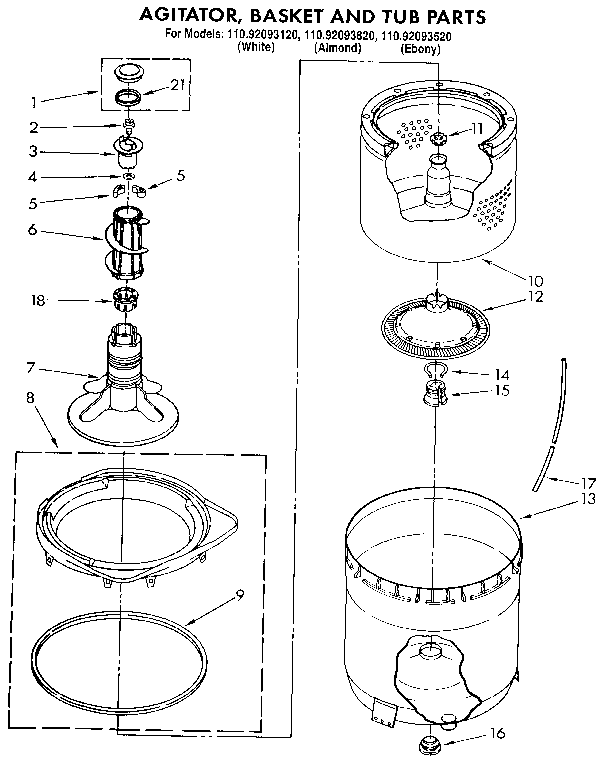 Tub, basket, and agitator