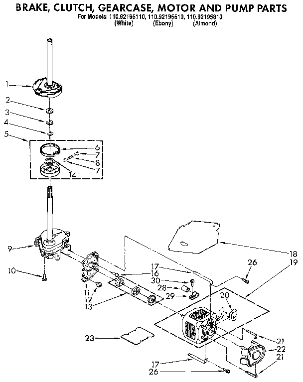 Brake, clutch, gearcase, motor and pump