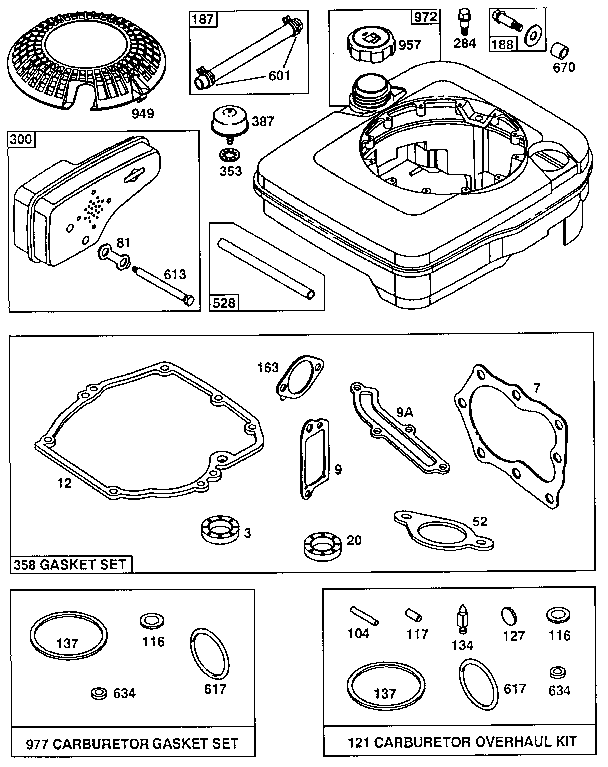 Fuel tank assembly and gasket set/carburetor overhaul kit
