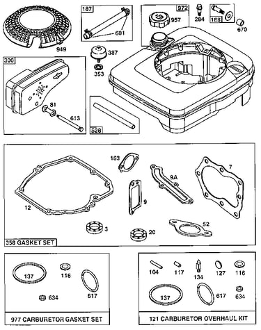 Fuel tank assembly and gasket set/carburetor overhaul kit