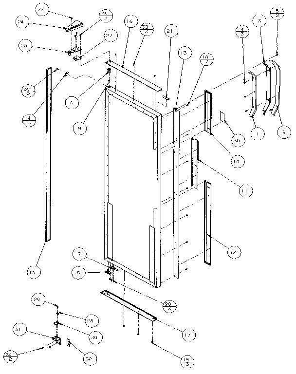 Refrigerator door, hinge, and trim parts