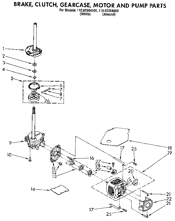 Brake, clutch, gearcase, motor and pump