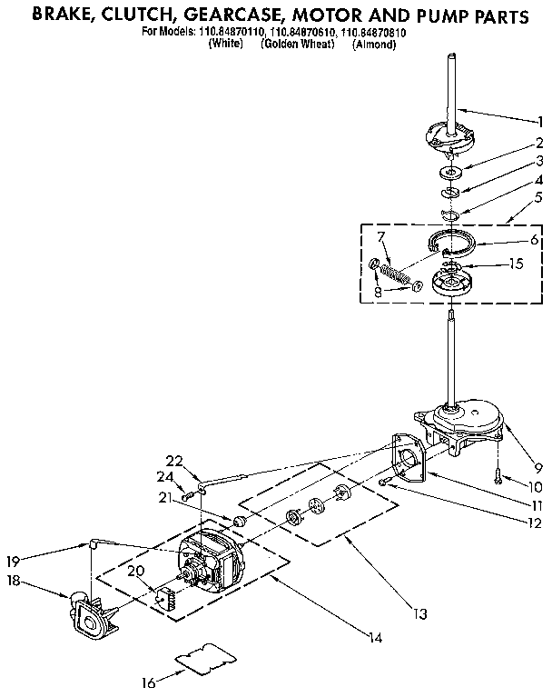 Brake, clutch, gearcase, motor and pump