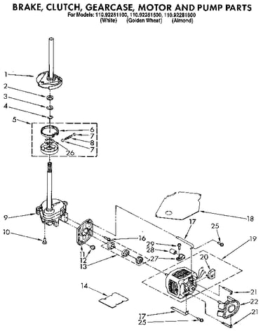 Brake, clutch, gearcase, motor and pump