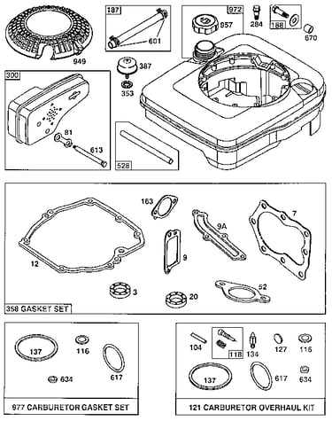 Fuel tank assembly and gasket set/carburetor overhaul kit