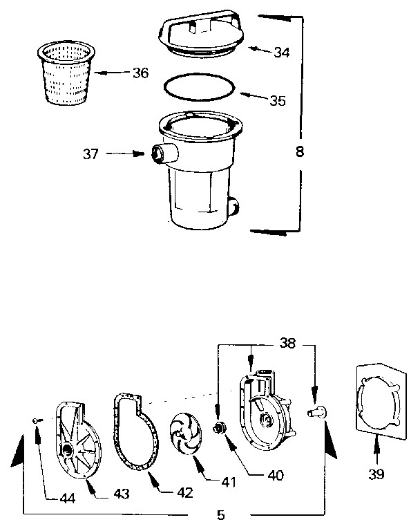 Pump, hair, and lint pot assemblies