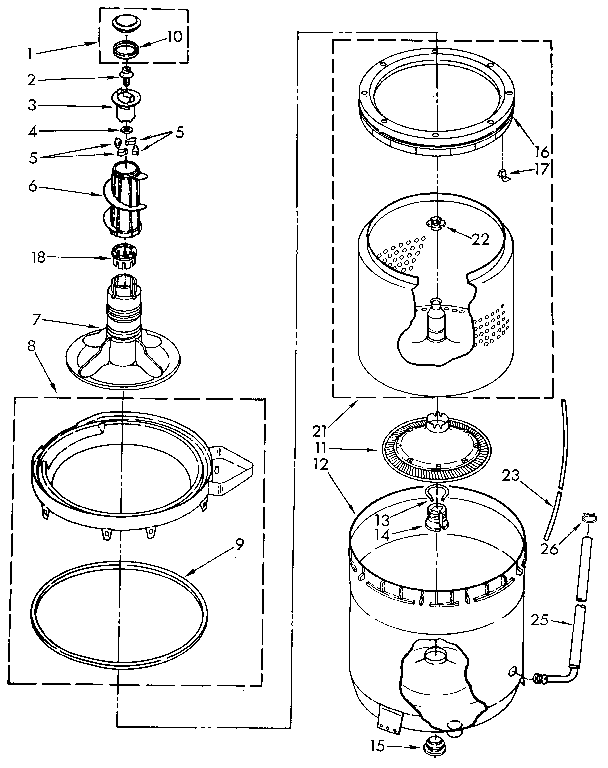 AGITATOR, BASKET AND TUB