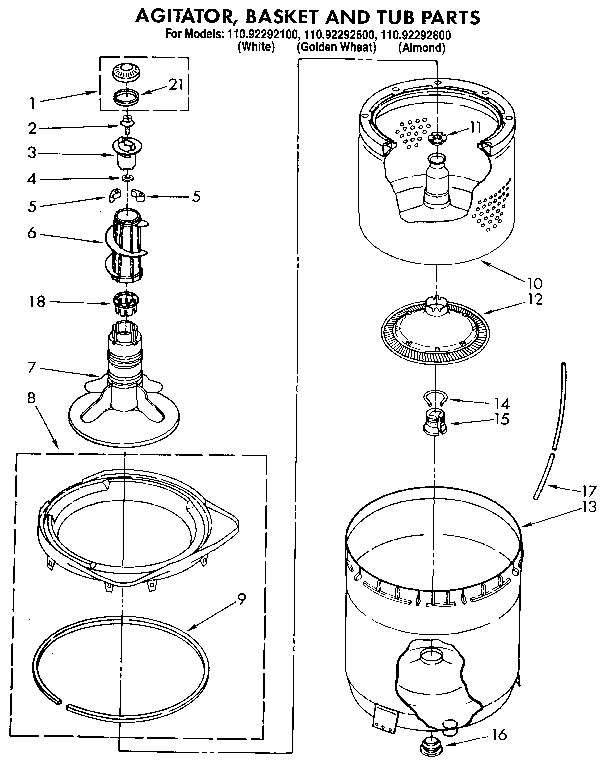 Agitator, basket and tub