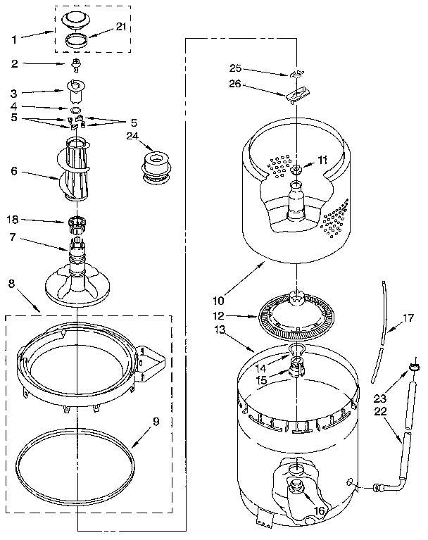 AGITATOR, BASKET AND TUB