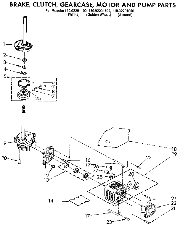 Brake, clutch, gearcase, motor and pump