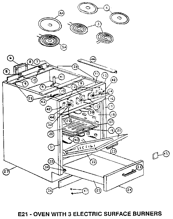 E21-OVEN WITH 3 ELECTRIC SURFACE BURNERS