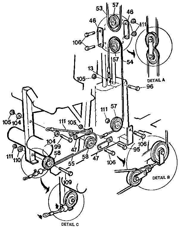 Lower pulleys and cables