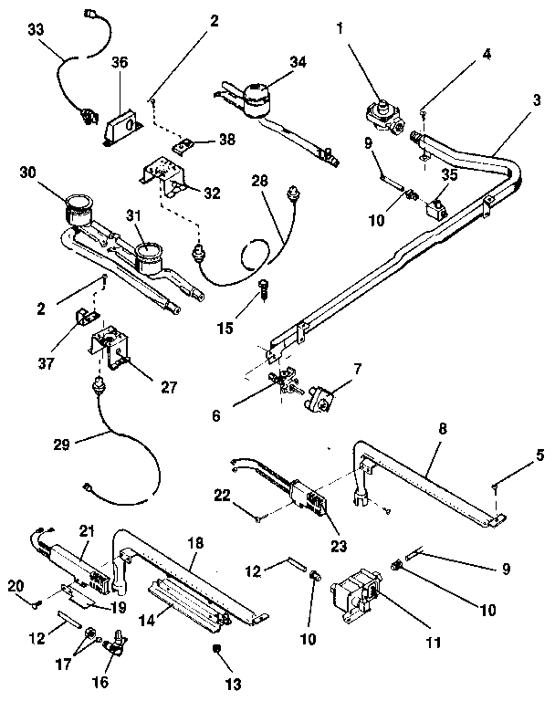 Oven burner and top burners section