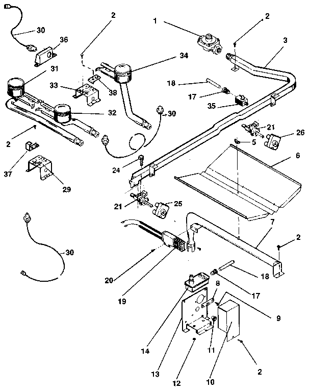 Oven burner and top burners section