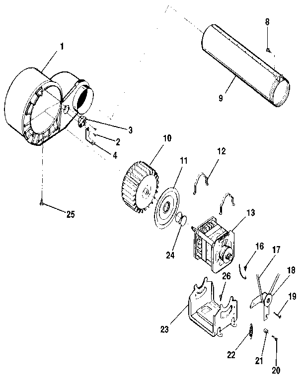 Motor, fan housing, exhaust duct