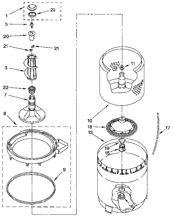 AGITATOR, BASKET AND TUB