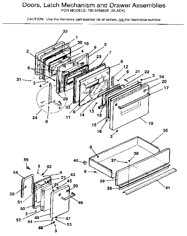 Door, latch and drawers