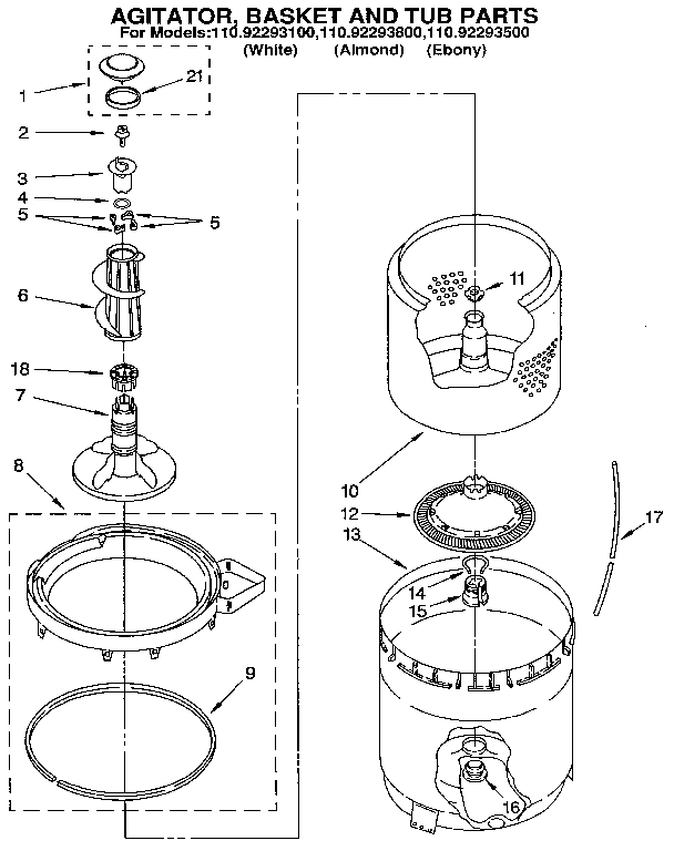 AGITATOR, BASKET AND TUB