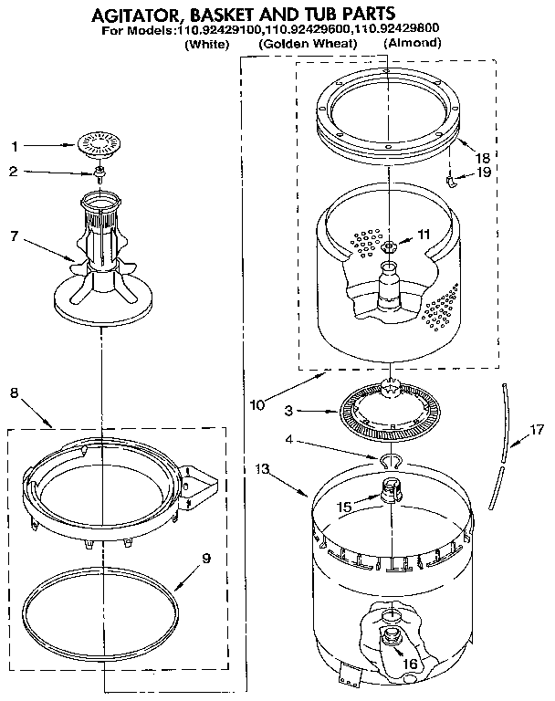 AGITATOR, BASKET AND TUB