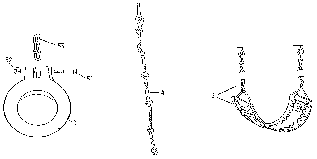 Gym ring, climb rope, and swing seat assembly