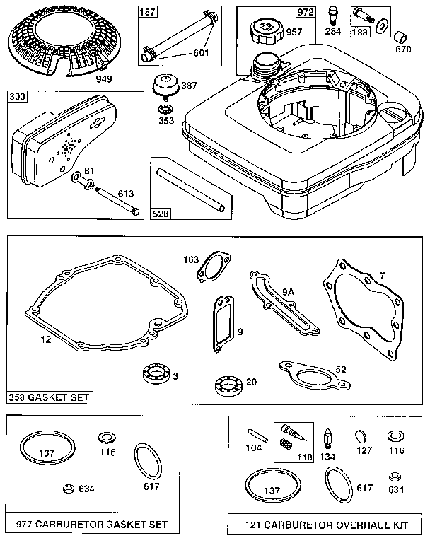 Fuel tank assembly and gasket set/carburetor overhaul kit